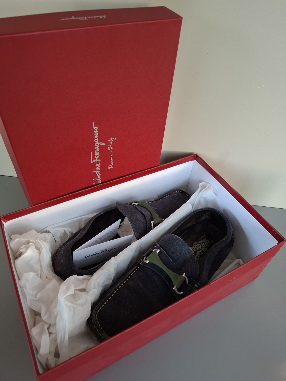 Salvatore Ferragamo Men’s Navy Suede Loafers with Green Accent